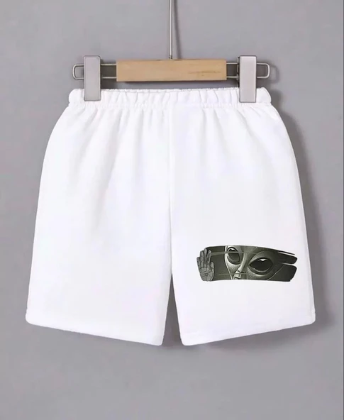 Kadın Beli Lastikli Baskılı Mini Şort - Beyaz ürün görseli