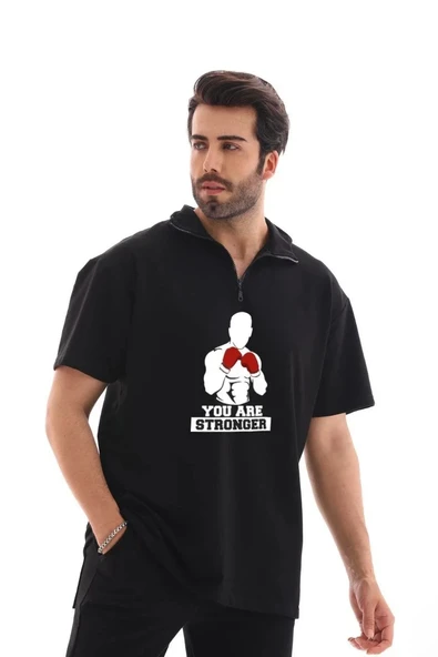 Unisex Yarım Fermuarlı Oversize Baskılı T-Shirt - Siyah ürün görseli