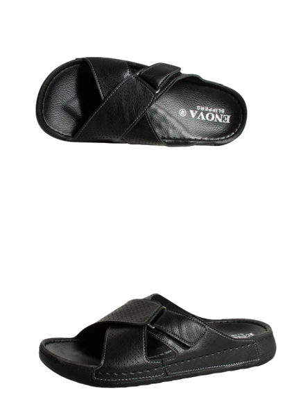 Enova Erkek Suni Deri Ortopedik Rahat Taban Ayarlanabilen Cırtlı Dikişli Şık Ev Dışarı Terliği ürün görseli 1