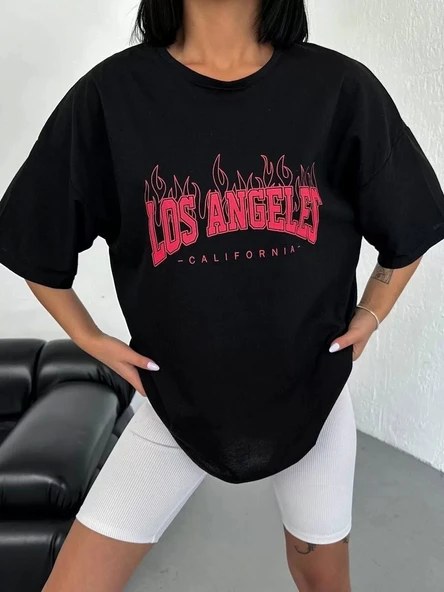 Unisex Bisiklet Yaka Baskılı Oversize T-Shirt - Siyah - Resim 4