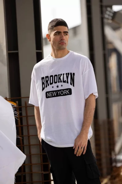 Unisex Bisiklet Yaka Baskılı Oversize T-Shirt - Beyaz - Resim 2