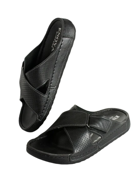 Enova Erkek Suni Deri Ortopedik Rahat Taban Ayarlanabilen Cırtlı Dikişli Şık Ev Dışarı Terliği - Resim 8