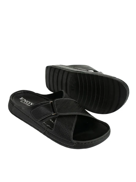 Enova Erkek Suni Deri Ortopedik Rahat Taban Ayarlanabilen Cırtlı Dikişli Şık Ev Dışarı Terliği - Resim 11