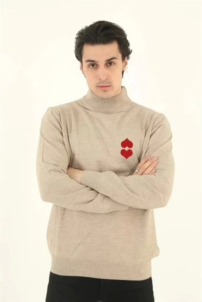 Unisex Yarım Boğazlı Baskılı Dokuma Triko - Bej ürün görseli 1