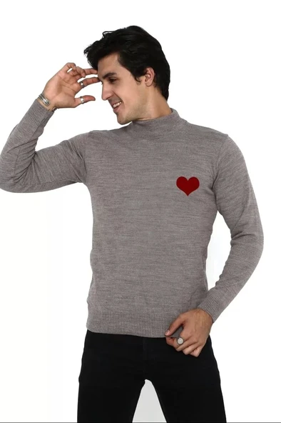 Unisex Yarım Boğazlı Baskılı Dokuma Triko - Vizon - Resim 2