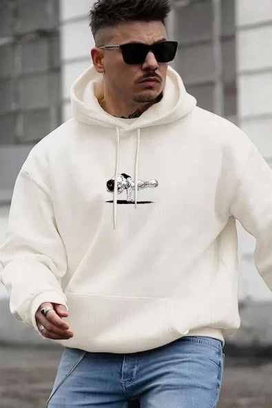 Erkek Baskılı Kapüşonlu ve Kordon İpli Sweat - Beyaz - Resim 2