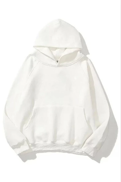 3 İplik Pamuklu Unisex Kapşonlu Sweetshirt - Beyaz ürün görseli