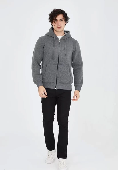 Unisex Tam Fermuarlı Kapşonlu  SweatShirt - Füme ürün görseli 1