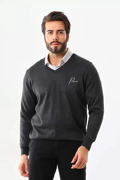 Baskılı V Yaka Uzun Kol Dokuma Triko - Füme ürün görseli 1