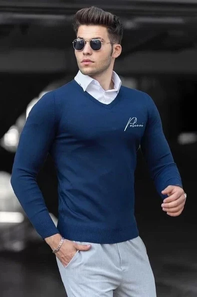 Baskılı V Yaka Uzun Kol Dokuma Triko - Indigo ürün görseli 1