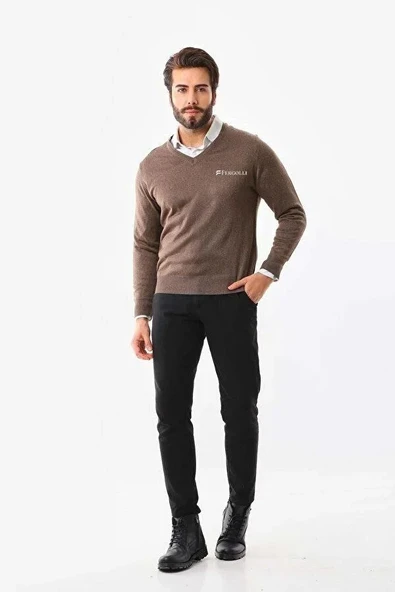 Baskılı V Yaka Uzun Kol Dokuma Triko - Kahve ürün görseli 1