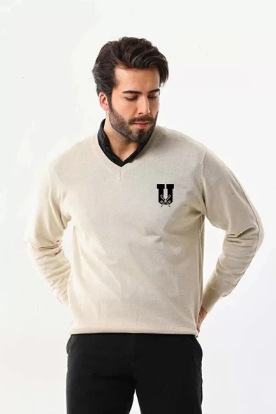 Baskılı V Yaka Uzun Kol Dokuma Triko - Bej ürün görseli 1