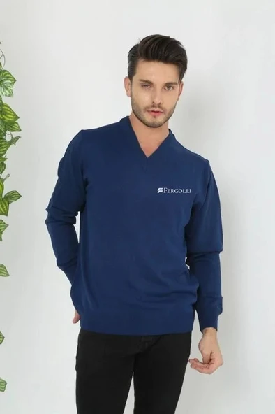 Baskılı V Yaka Uzun Kol Dokuma Triko - Indigo ürün görseli 1