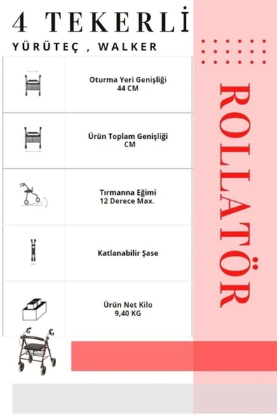 WOODHUB Rolatör 4 Tekerli Yürüteç | Rollatör | Lüx Oturaklı - Resim 4
