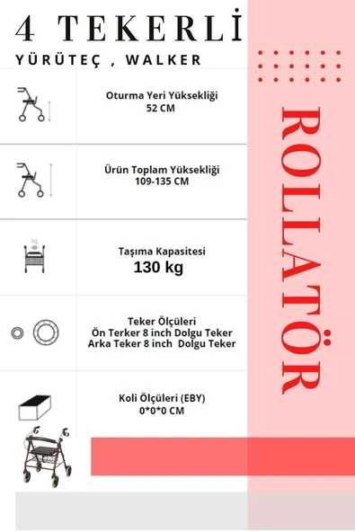 WOODHUB Rolatör 4 Tekerli Yürüteç | Rollatör | Lüx Oturaklı - Resim 6