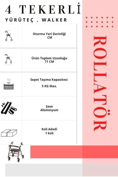 WOODHUB Rolatör 4 Tekerli Yürüteç | Rollatör | Lüx Oturaklı - Resim 5