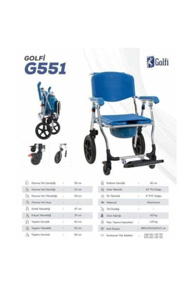 GOLFİ G551 Aluminyum Katlanabilir Banyo Tuvalet Tekerlekli Sandalye - 5