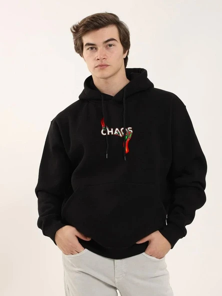 Unisex Baskılı Oversize Üç İplik Kapüşonlu Sweatshirt - Siyah ürün görseli 1