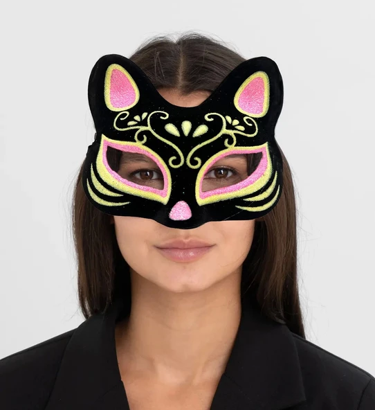 Süet Pembe Sarı Kedi Maskesi - 2