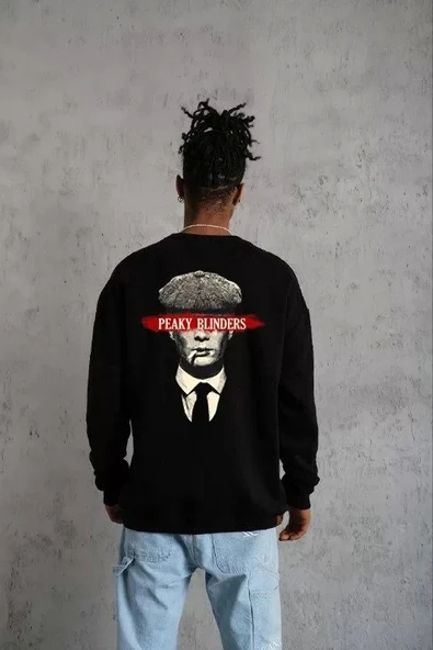 Unisex Bisiklet Yaka Baskılı Oversize Sweatshirt - Siyah ürün görseli 1