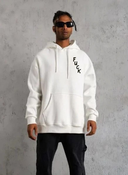 Unisex Kapşonlu Uzun Kol Baskılı Sweetshirt - Beyaz ürün görseli 1