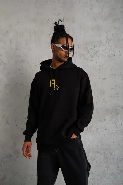 Unisex Kapşonlu Baskılı Sweetshirt - Siyah ürün görseli 1