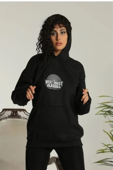 Unisex Sırt Baskılı Kapüşonlu Üç İplik Oversize Sweatshirt - Siyah ürün görseli 1