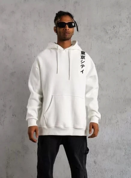 Unisex Kapşonlu Uzun Kol Baskılı Sweetshirt - Beyaz ürün görseli 1