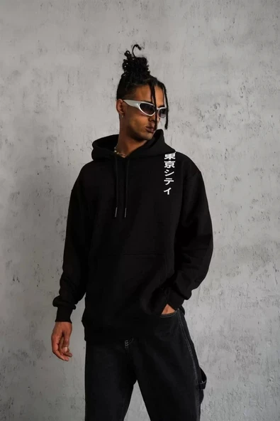 Unisex Kapşonlu Uzun Kol Baskılı Sweetshirt - Siyah ürün görseli 1