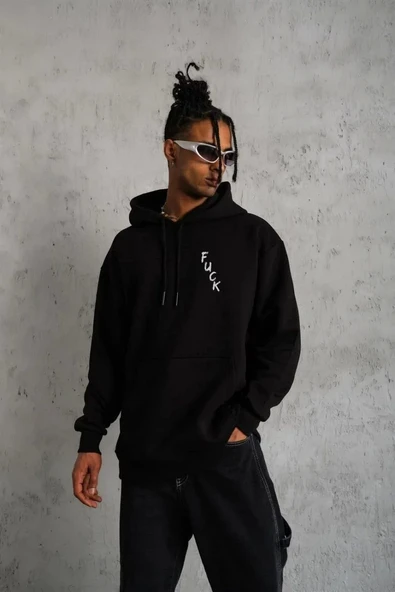 Unisex Kapşonlu Uzun Kol Baskılı Sweetshirt - Siyah ürün görseli 1