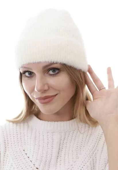 Unisex Tam Kalıp İnce Sakallı Triko Bere - Beyaz ürün görseli 1