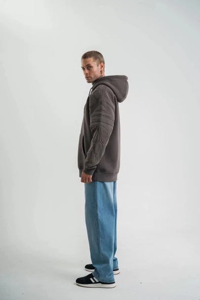 Double Oversize Kapşonlu Nakışlı SweatShirt - Füme - Resim 3