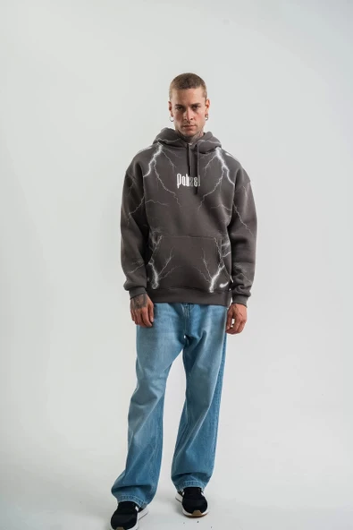 Double Oversize Kapşonlu Şimşek Pano Baskılı SweatShirt - Füme - Resim 6