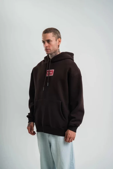 Double Oversize Kapşonlu Dijital Patchli SweatShirt - Kahve - Resim 3