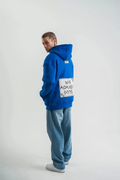 Unisex Kapşonlu Uzun Kol Patchli Nakışlı SweatShirt - Mavi ürün görseli 1