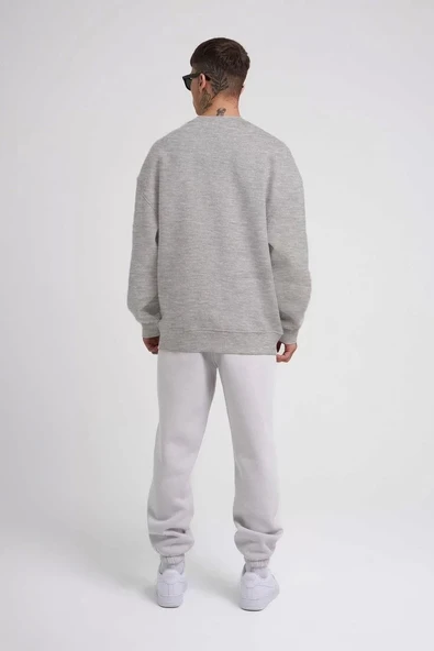 Unisex Biskilet Yaka Üç İplik SweatShirt - Gri - Resim 3