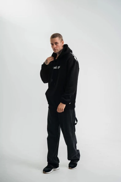 Kapşonlu Double Oversize Dijital Patchli SweatShirt - Siyah - Resim 2