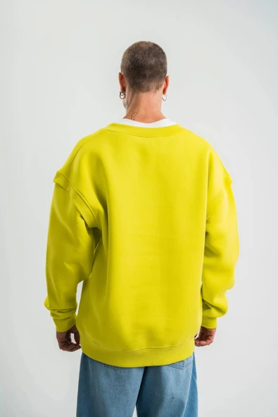 Geniş V yaka Kol Ribana Detaylı SweatShirt - Sarı - Resim 5