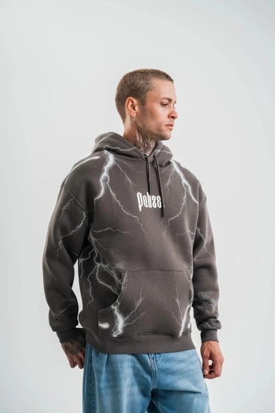 Double Oversize Kapşonlu Şimşek Pano Baskılı SweatShirt - Füme ürün görseli 1