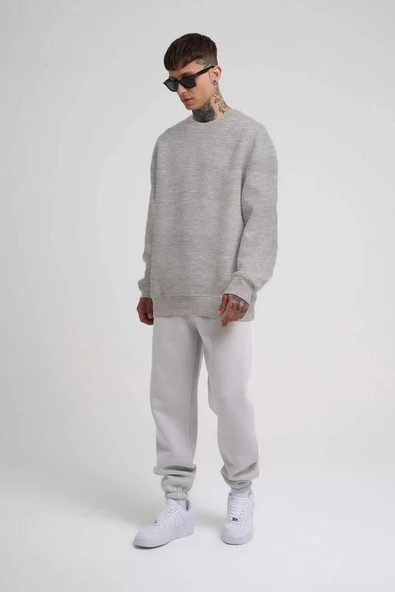 Unisex Biskilet Yaka Üç İplik SweatShirt - Gri - Resim 2