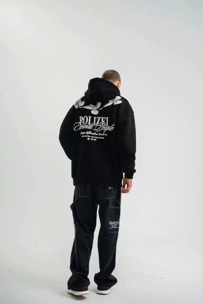 Unisex Uzun Kol Bisiklet Yaka Yıkamalı SweatShirt - Siyah - Resim 4