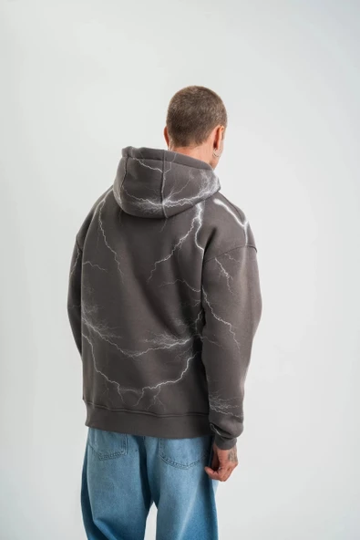 Double Oversize Kapşonlu Şimşek Pano Baskılı SweatShirt - Füme - Resim 7
