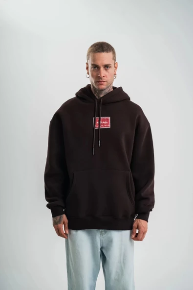 Double Oversize Kapşonlu Dijital Patchli SweatShirt - Kahve - Resim 4