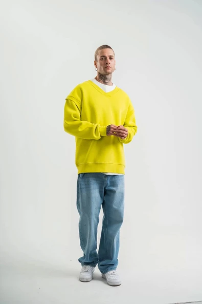 Geniş V yaka Kol Ribana Detaylı SweatShirt - Sarı ürün görseli