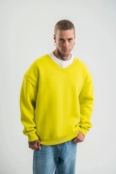 Geniş V yaka Kol Ribana Detaylı SweatShirt - Sarı - Resim 4