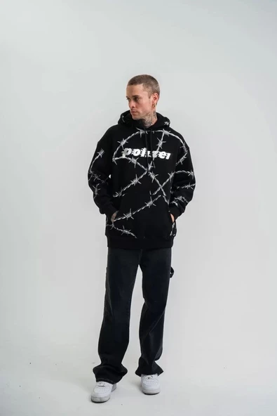 Unisex Kapşonlu Varak ve Pano Baskılı SweatShirt- Siyah - Resim 8