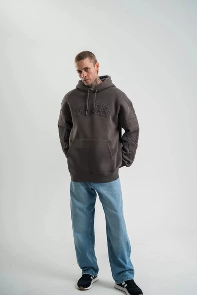 Double Oversize Kapşonlu Nakışlı SweatShirt - Füme - Resim 6