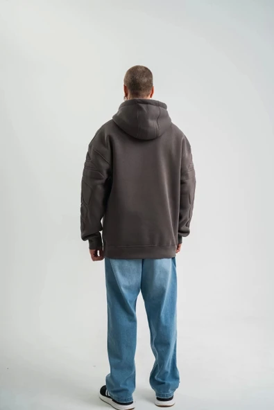 Double Oversize Kapşonlu Nakışlı SweatShirt - Füme - Resim 5
