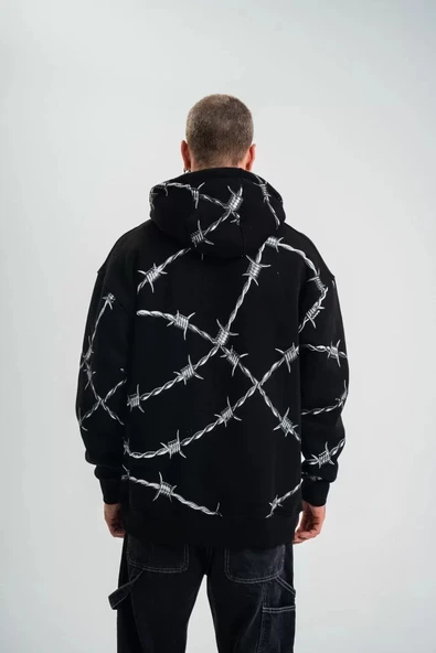 Unisex Kapşonlu Varak ve Pano Baskılı SweatShirt- Siyah - Resim 4