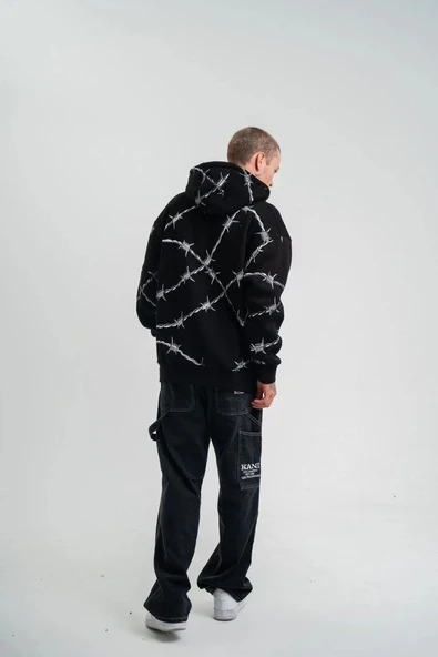 Unisex Kapşonlu Varak ve Pano Baskılı SweatShirt- Siyah - Resim 5